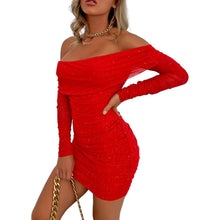 Load image into Gallery viewer, Miley Glitter Mesh Off-Shoulder Ruched Mini Dress
