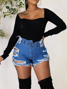 Bekki Distressed Raw Hem Denim Shorts with Pockets