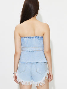 Kourtney Buttoned Raw Hem Tube Denim Top