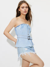 Load image into Gallery viewer, Kourtney Buttoned Raw Hem Tube Denim Top
