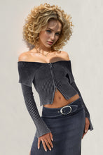 Load image into Gallery viewer, Jasmine Ribbed Off-Shoulder Zip Up Long Sleeve Cardigan
