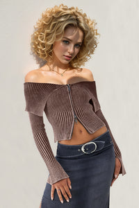 Jasmine Ribbed Off-Shoulder Zip Up Long Sleeve Cardigan