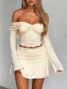 Luna Twisted Ruffled Off-Shoulder Long Sleeve T-Shirt