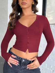 Penny Buttoned V-Neck Long Sleeve T-Shirt