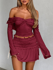 Luna Twisted Ruffled Off-Shoulder Long Sleeve T-Shirt