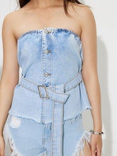 Load image into Gallery viewer, Kourtney Buttoned Raw Hem Tube Denim Top
