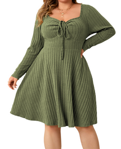 Elsie Plus Size Sweetheart Neck Long Sleeve Ribbed Dress