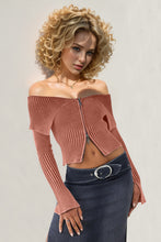 Load image into Gallery viewer, Jasmine Ribbed Off-Shoulder Zip Up Long Sleeve Cardigan
