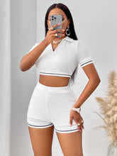 Load image into Gallery viewer, Cici Waffle-Knit Collared Neck Cropped Top and Shorts Set
