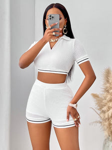 Cici Waffle-Knit Collared Neck Cropped Top and Shorts Set