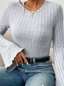 Amber Ribbed Round Neck Flare Sleeve T-Shirt