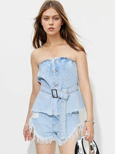 Kourtney Buttoned Raw Hem Tube Denim Top