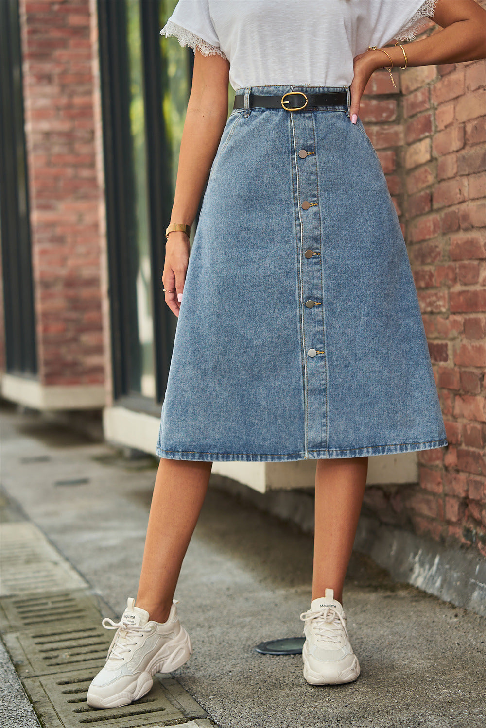 Dame Button Front A-Line Denim Skirt