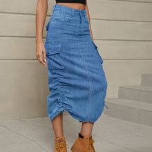 Load image into Gallery viewer, Keller Drawstring Ruched Slit Denim Midi Skirt
