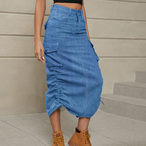 Keller Drawstring Ruched Slit Denim Midi Skirt