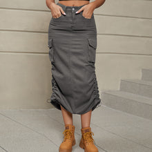 Load image into Gallery viewer, Keller Drawstring Ruched Slit Denim Midi Skirt
