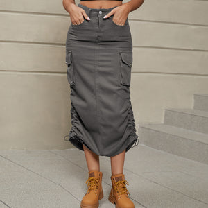 Keller Drawstring Ruched Slit Denim Midi Skirt