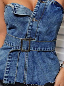 Kourtney Buttoned Raw Hem Tube Denim Top