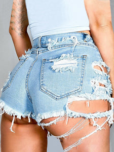 Bekki Distressed Raw Hem Denim Shorts with Pockets