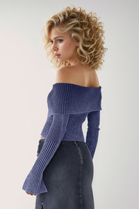 Jasmine Ribbed Off-Shoulder Zip Up Long Sleeve Cardigan