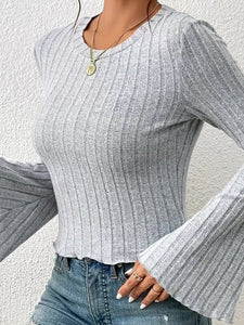 Amber Ribbed Round Neck Flare Sleeve T-Shirt