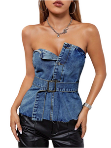 Kourtney Buttoned Raw Hem Tube Denim Top