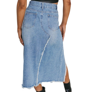 Isla Raw Hem Slit Denim Skirt with Pockets