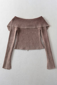 Jasmine Ribbed Off-Shoulder Zip Up Long Sleeve Cardigan