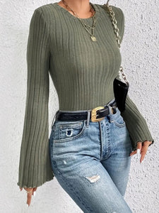 Amber Ribbed Round Neck Flare Sleeve T-Shirt