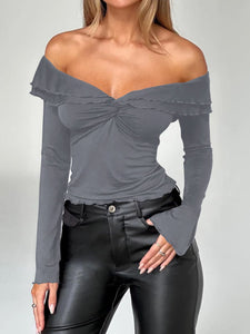 Luna Twisted Ruffled Off-Shoulder Long Sleeve T-Shirt