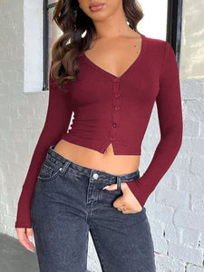 Penny Buttoned V-Neck Long Sleeve T-Shirt