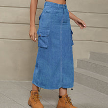 Load image into Gallery viewer, Keller Drawstring Ruched Slit Denim Midi Skirt
