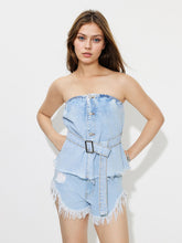 Load image into Gallery viewer, Kourtney Buttoned Raw Hem Tube Denim Top
