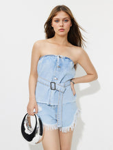 Load image into Gallery viewer, Kourtney Buttoned Raw Hem Tube Denim Top
