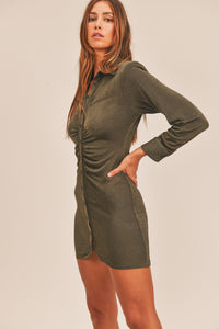 Cameron Front Ruched Button-Down Skinny Mini Shirt Dress