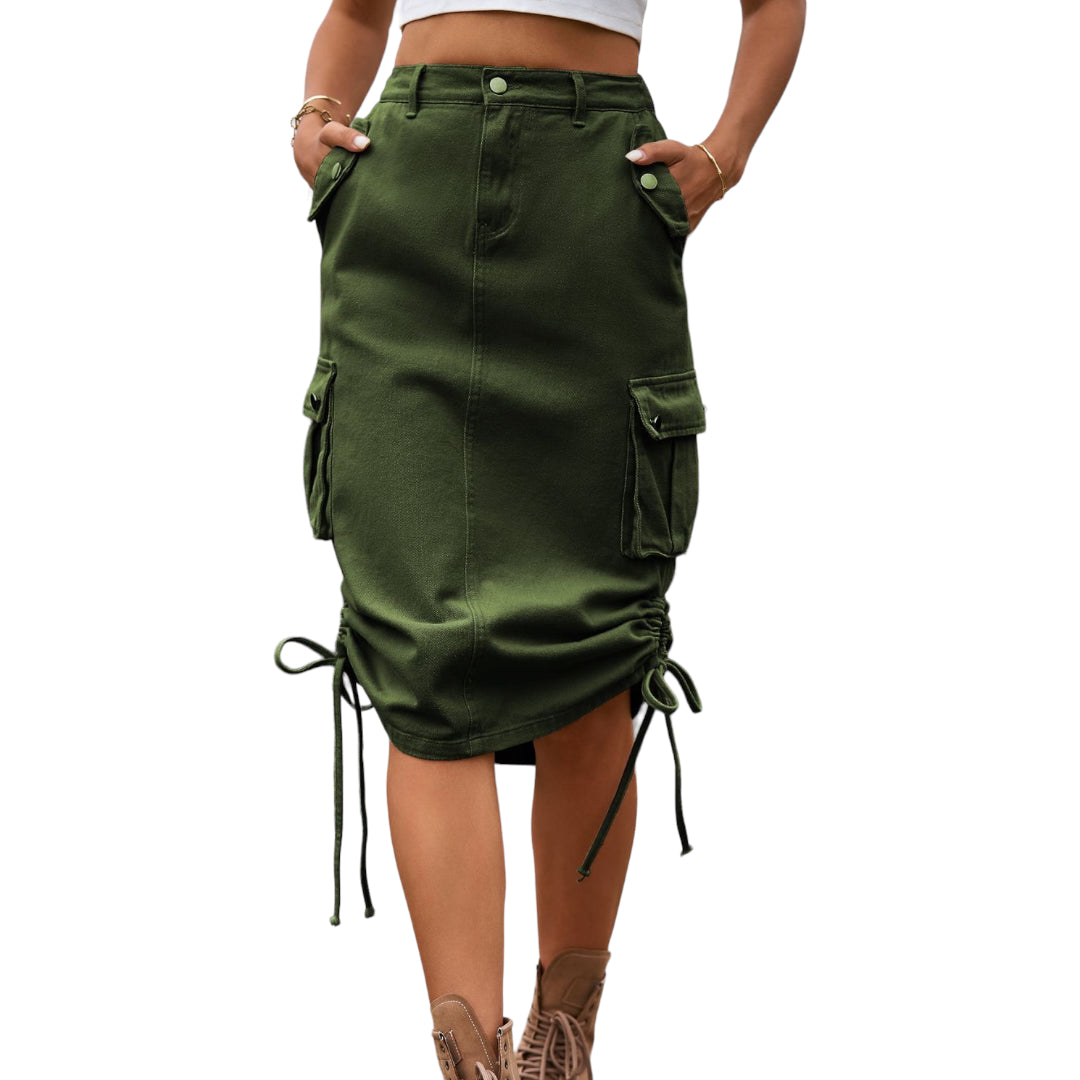 Drawstring Denim Cargo Skirt