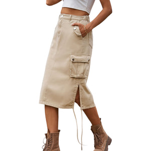 Drawstring Denim Cargo Skirt