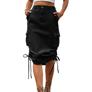 Drawstring Denim Cargo Skirt