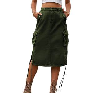 Drawstring Denim Cargo Skirt