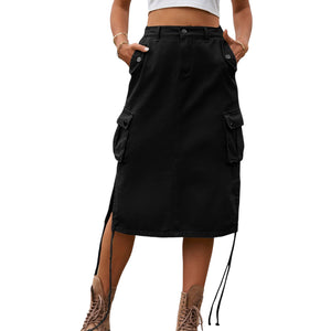 Drawstring Denim Cargo Skirt