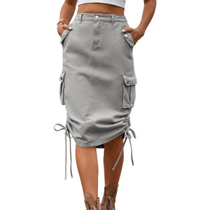 Drawstring Denim Cargo Skirt