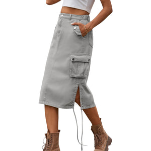 Drawstring Denim Cargo Skirt