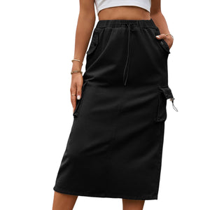 Drawstring Waist Slit Denim Skirt